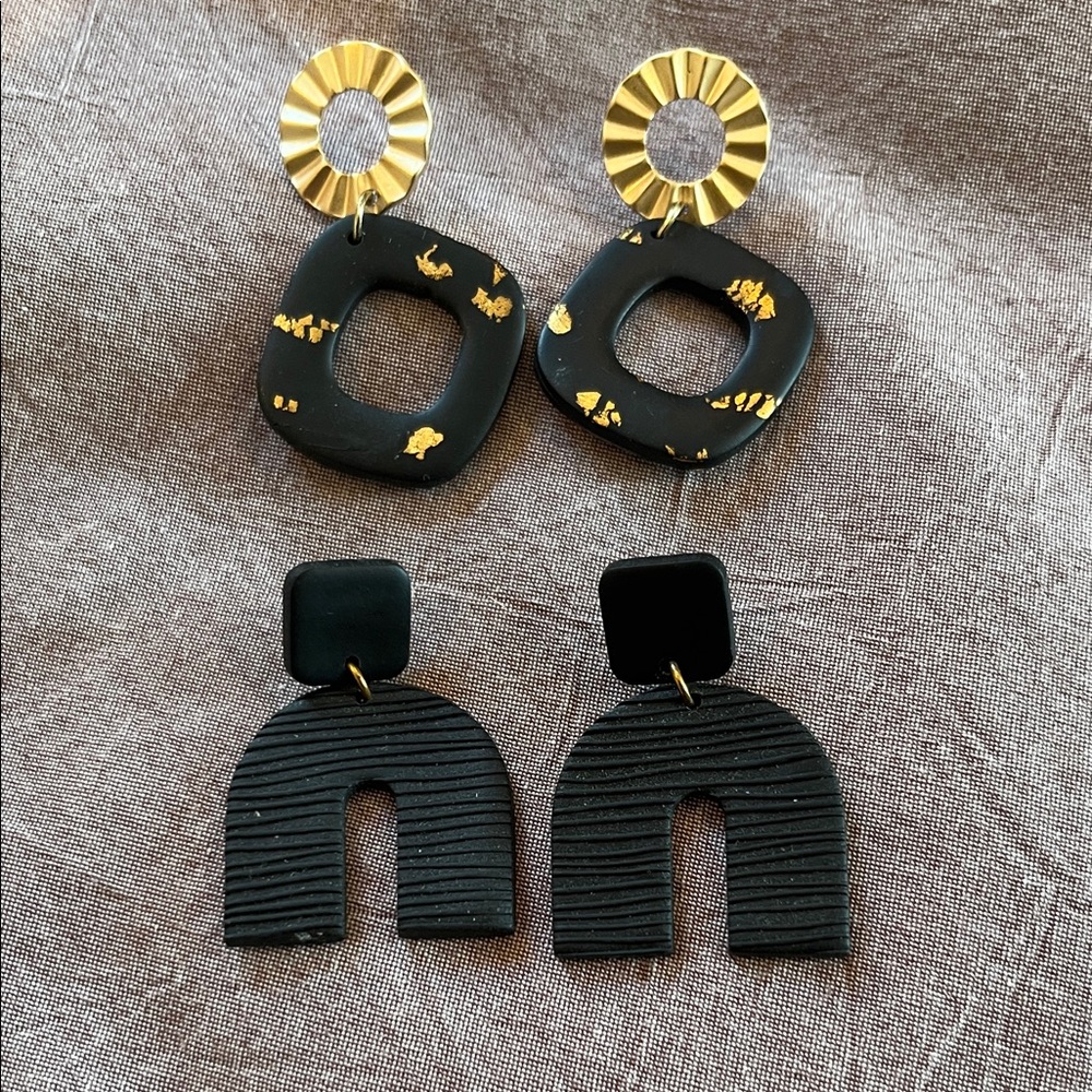 Handmade Clay Black and Gold Statement Earrings - Lot of 2